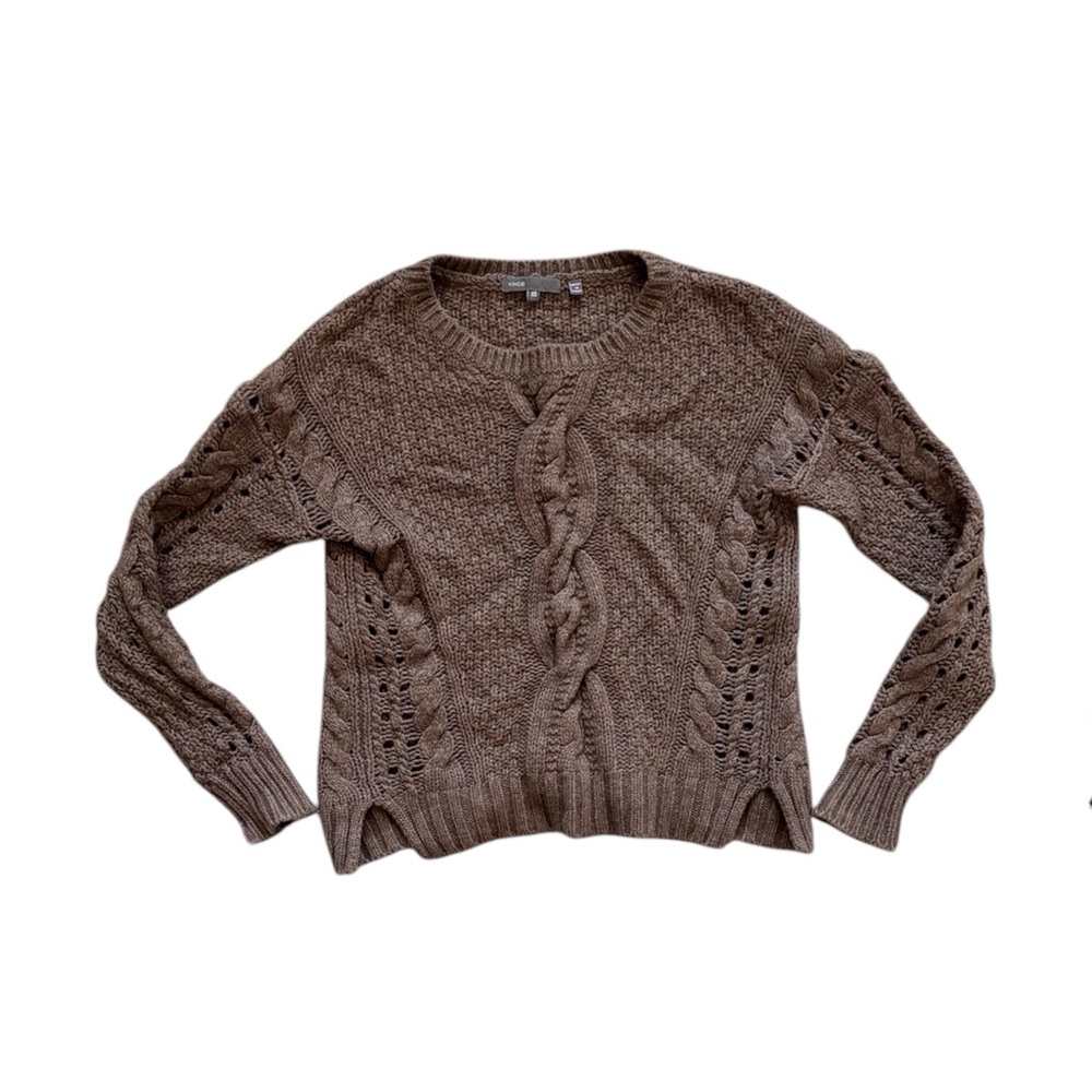 Vince Brown Cable Knit Wool Yak Cropped Sweater Cottagecore Minimalist XS